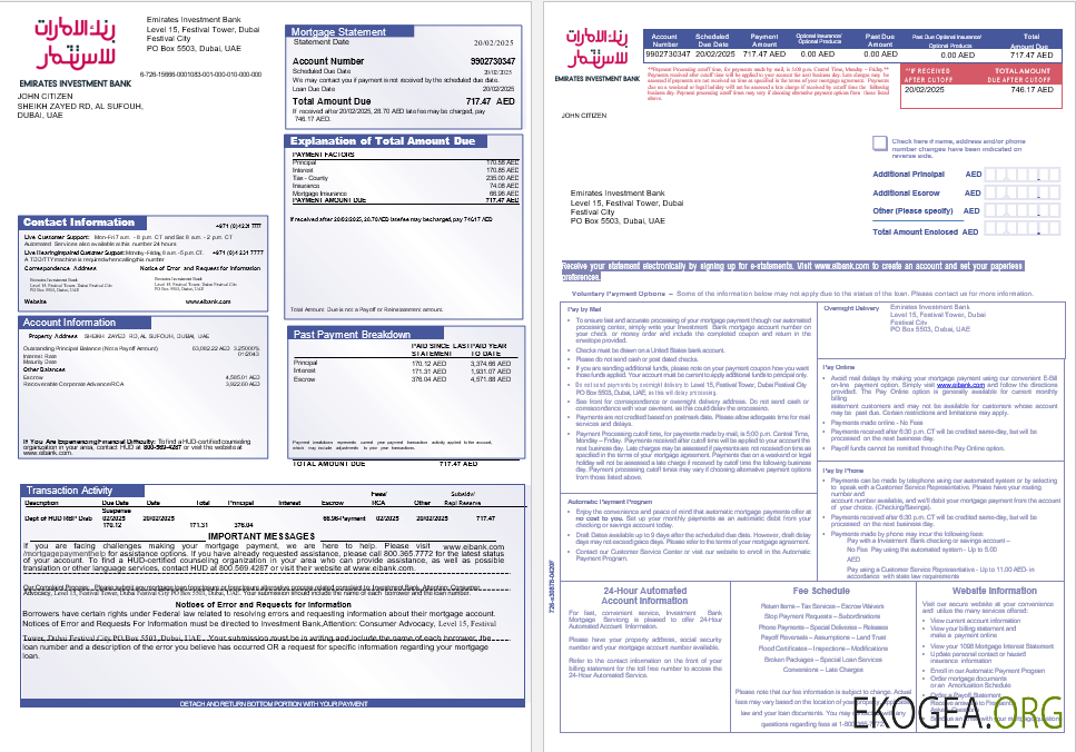 Relevé hypothécaire de la United Arab Emirates Investment Bank aux formats Word et PDF, 3 pages 1 , 2